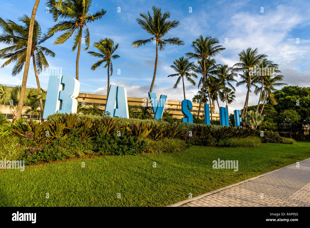 View of Miami Bayside Marketplace, Bayfront Park, a large, waterside shopping center with many