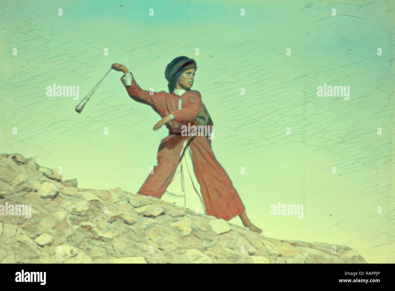 Shepherd boy slinging, (A modern David). 1950, Middle East. Reimagined by Gibon. Classic art with a modern twist reimagined Stock Photo