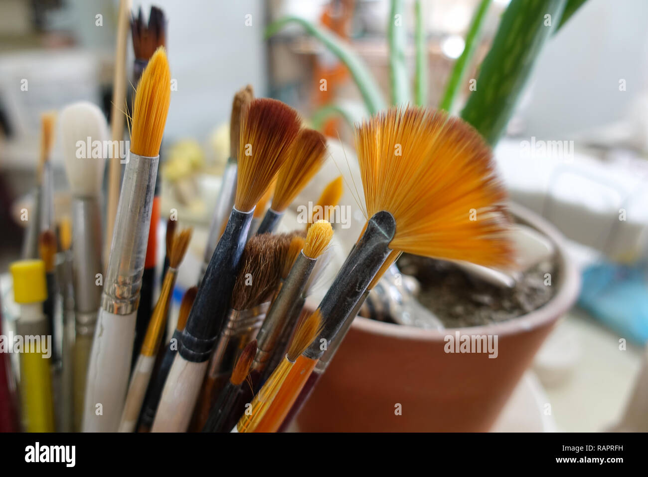 Art Object Paint Brush Equipment in Art School Stock Photo