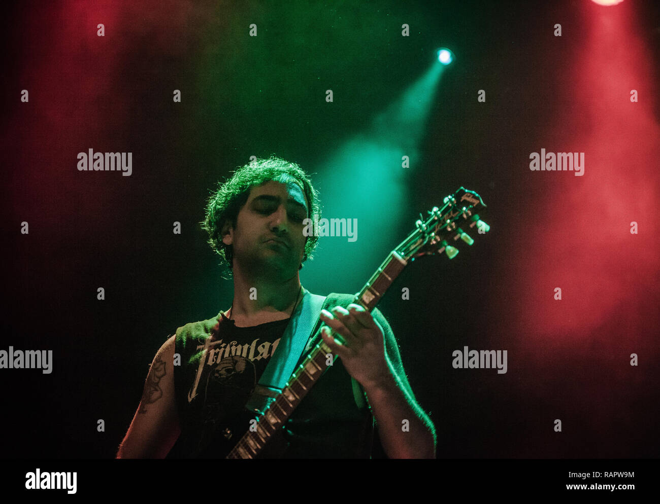 The American black metal band Deafheaven performs a live concert at Amager Bio in Copenhagen. Here guitarist Shiv Mehra is seen live on stage. Denmark, 17/03 2016. EXCLUDING DENMARK. Stock Photo