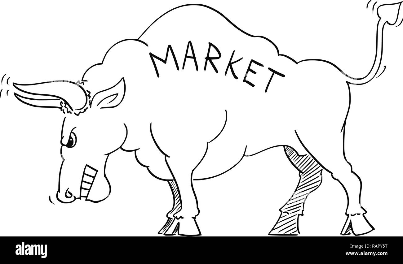Cartoon Drawing of Angry Bull as Rising Market Prices Symbol Stock Vector