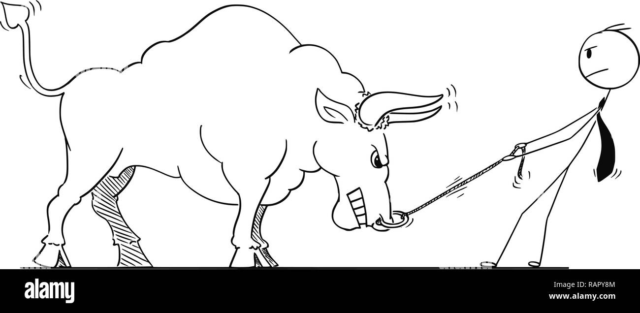 Cartoon of Businessman Pulling Bull as Rising Market Prices Symbol Stock Vector