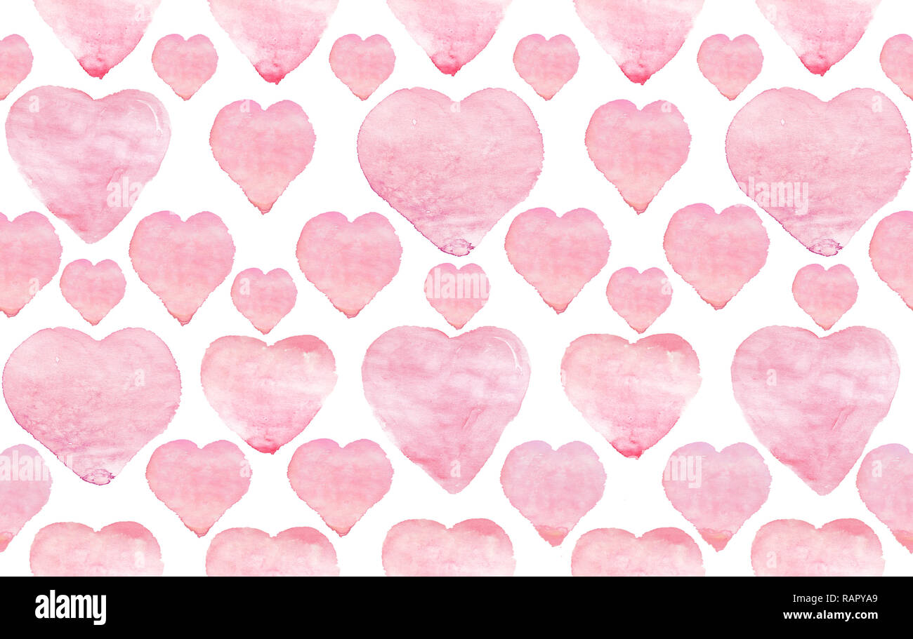 Watercolor pink hearts on white background. Hand made seamless pattern ...