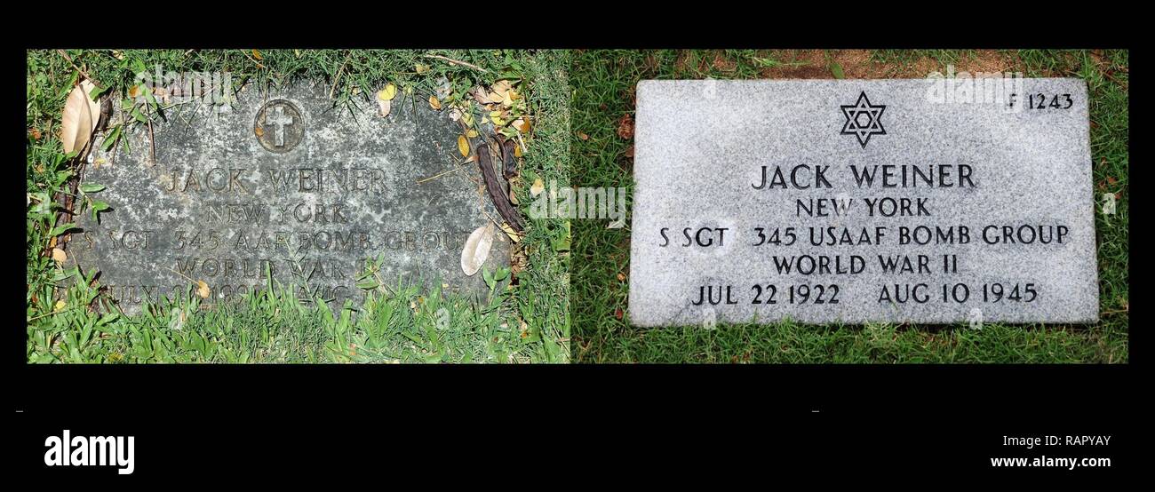 Photo illustration comparing Staff Sgt. Jack Weiner’s previous headstone and his corrected headstone. In 1949 Weiner was interred with the wrong religious symbol on his headstone. On Feb. 28, 2017, 1st Lt Levy Pekar, Rabbi Chaplain assigned to Nellis Air Force Base, Nev., led the headstone replacement ceremony at the National Memorial Cemetery of the Pacific, Honolulu, HI. Stock Photo