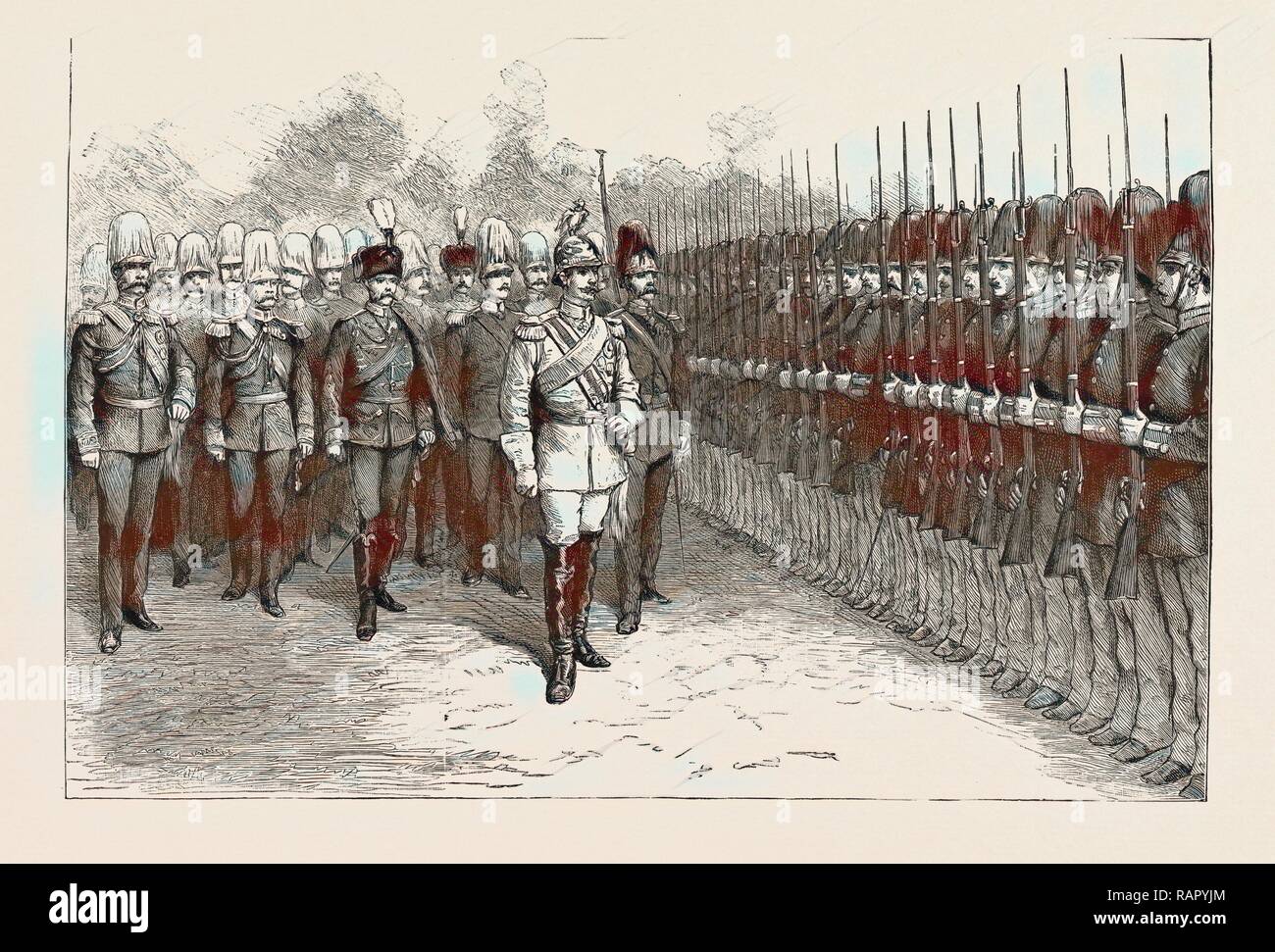 SCENES FROM THE EVERY DAY LIFE OF THE GERMAN EMPEROR, 1889: THE EMPEROR INSPECTING INFANTRY OF THE LINE. Reimagined Stock Photo