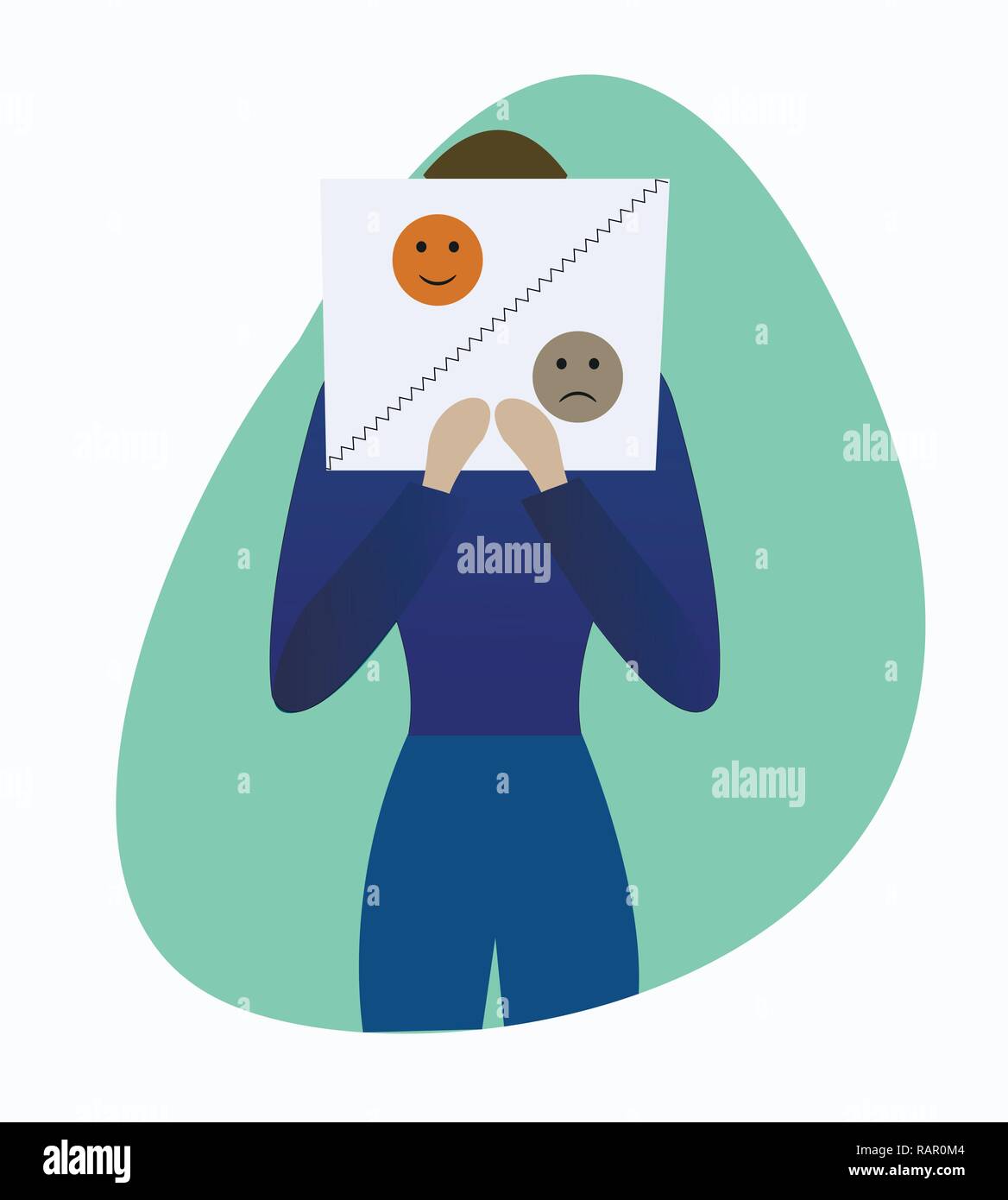 Man holding poster with happy and sad smile. Bipolar disorder concept. Mood disorder vector illustration. Stock Vector
