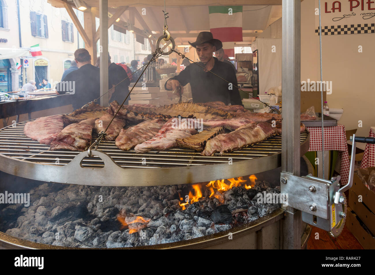 men grill pork Stock Photo