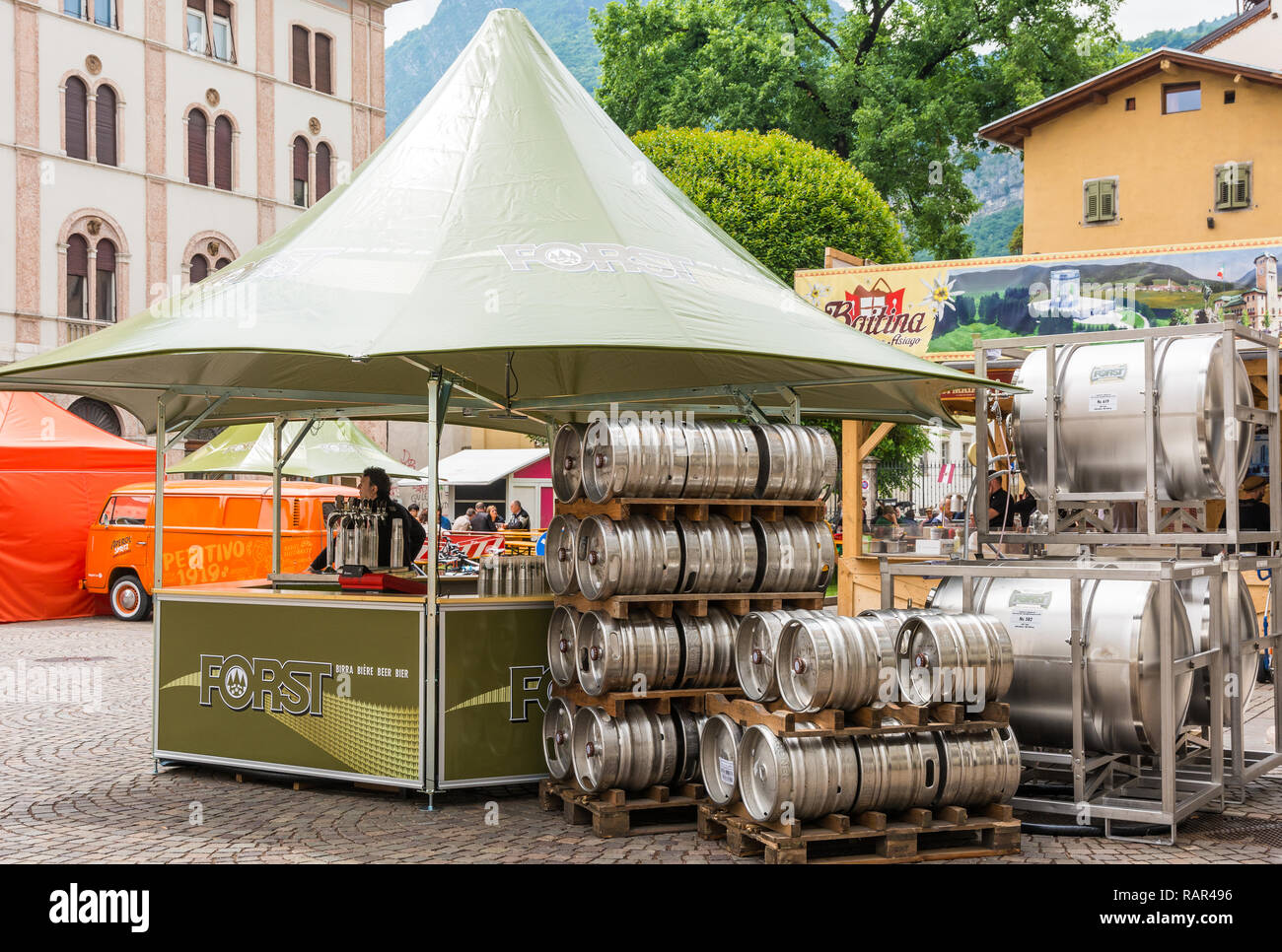 FORST beer stand in the square of Trento, Italy, northern Italy, Europe Stock Photo
