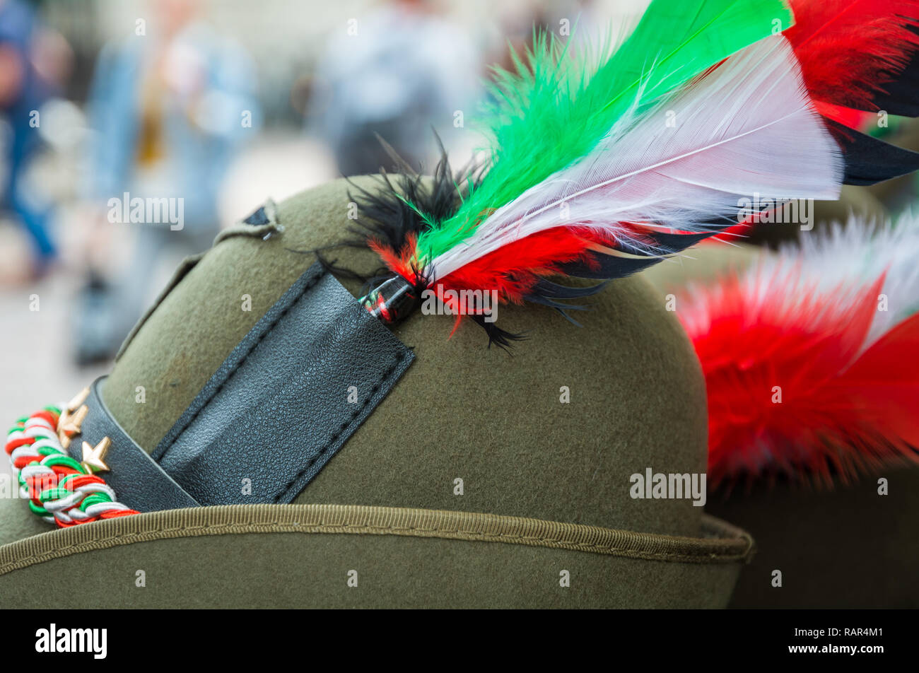 headgear of the Italian alpine army. Hat of Italian Alpine soldier. Closeup of typical militar hat. Stock Photo
