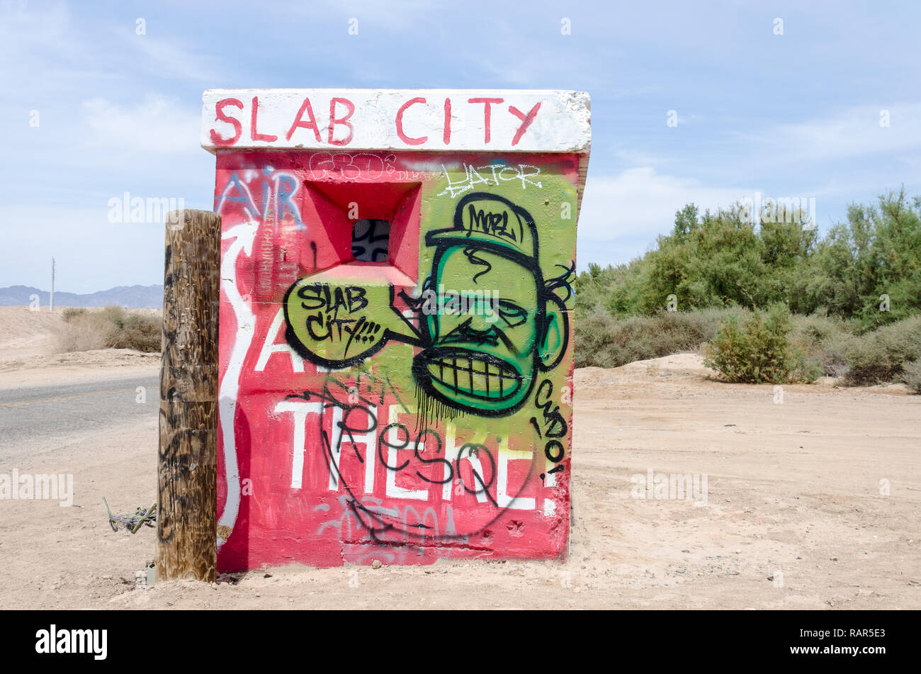 AUGUST 21 2018 SLAB CITY, CA Entrance sign to Slab City, a lawless