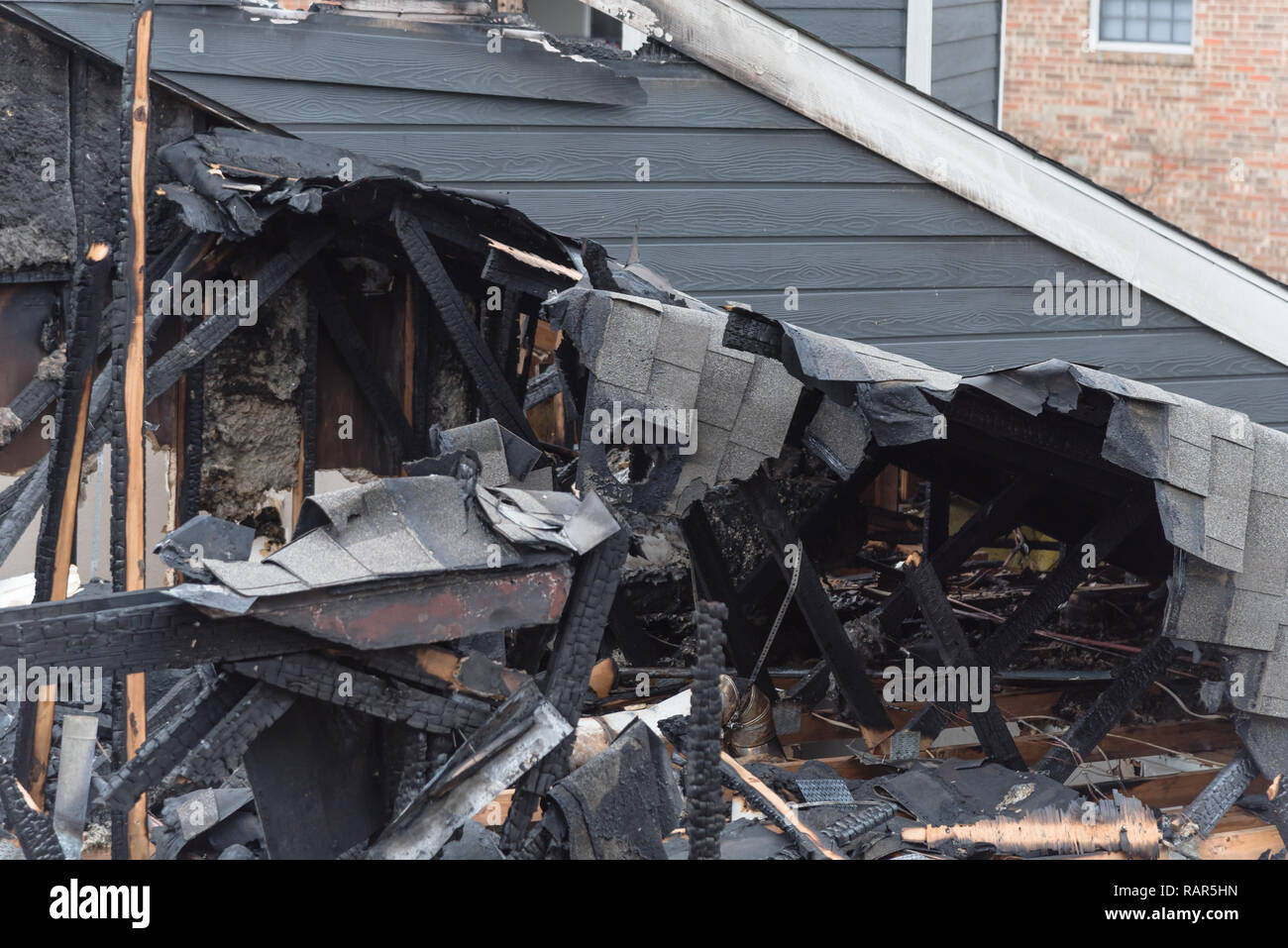 Damaged apartment building after burned by fire in Texas, USA Stock