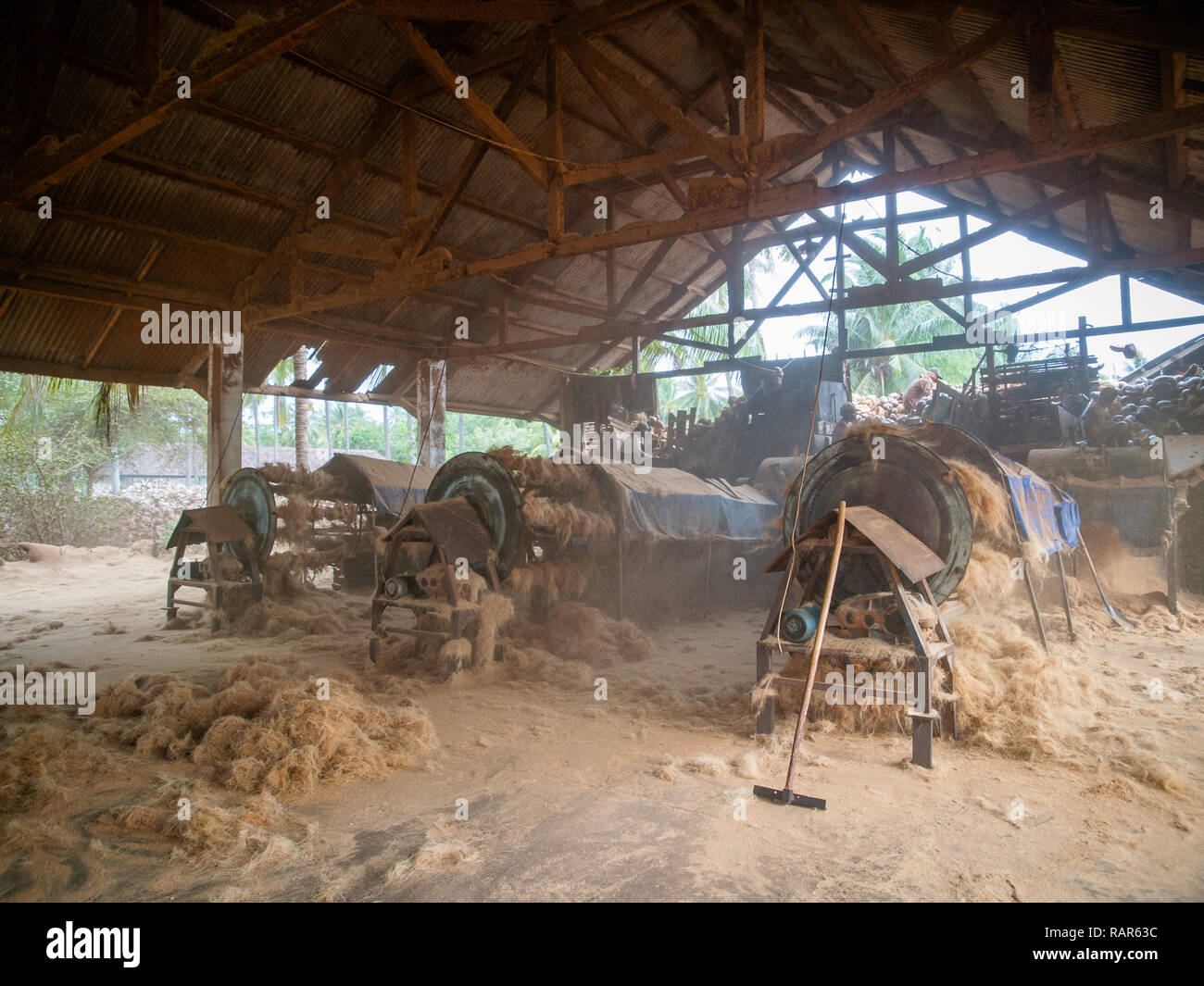 Making fibers from dry coconut at Lombok island factory Stock Photo