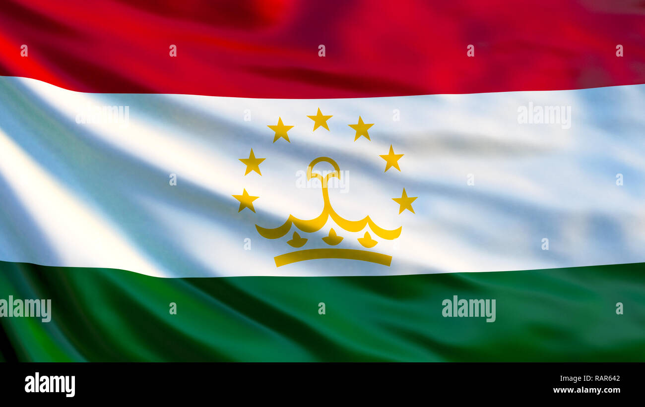Tajikistan flag. Waving flag of Tajikistan 3d illustration. Dushanbe Stock Photo