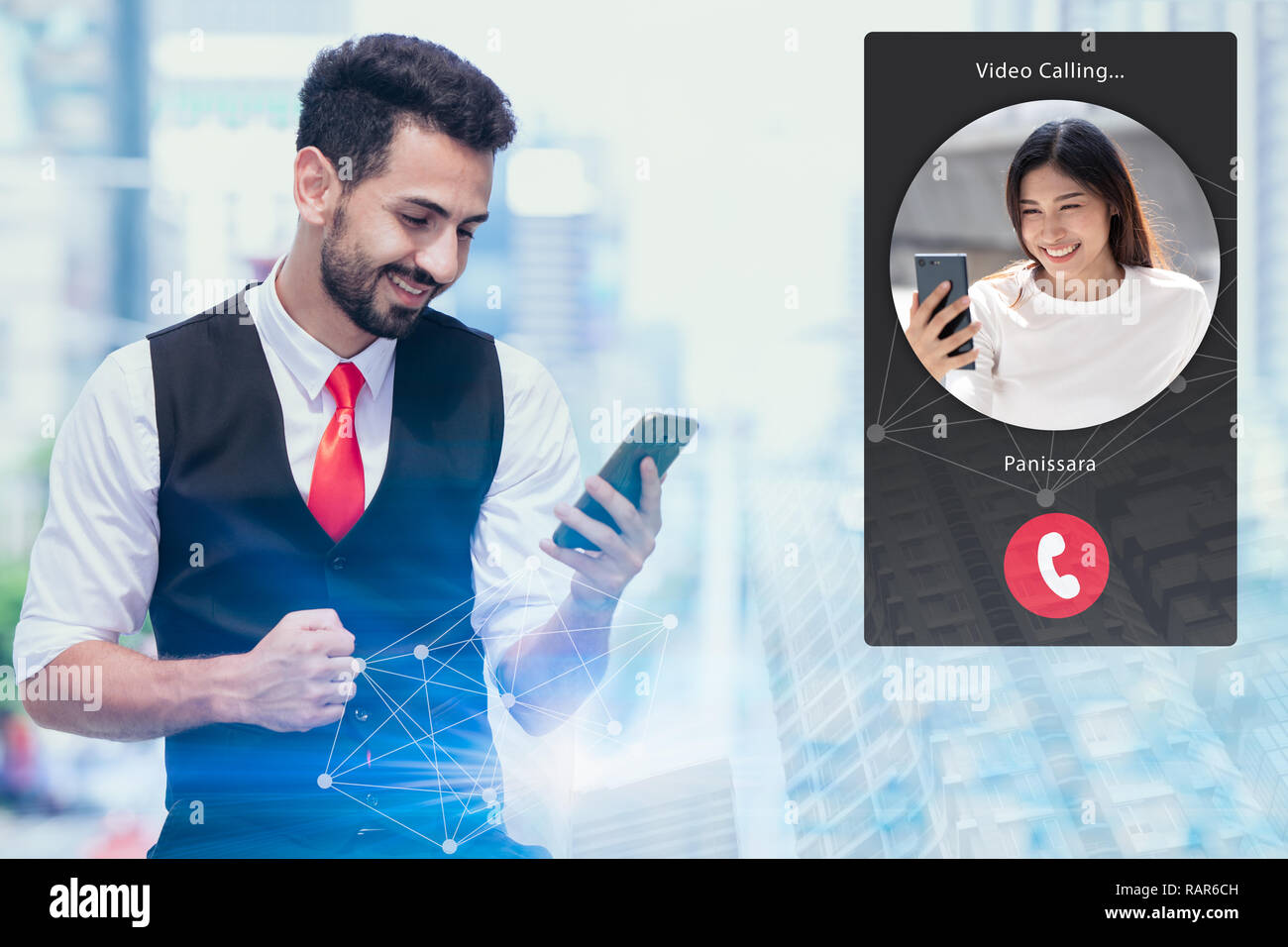 business people overseas video calling couple cute date lover using smartphone apps. Stock Photo