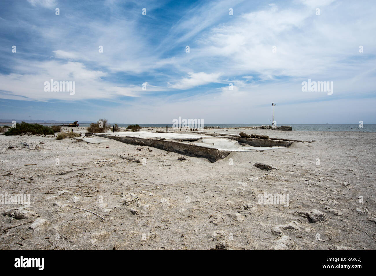 Old foundations of former homes on Bombay Beach, along the shores of the Salton Sea in the California desert Stock Photo