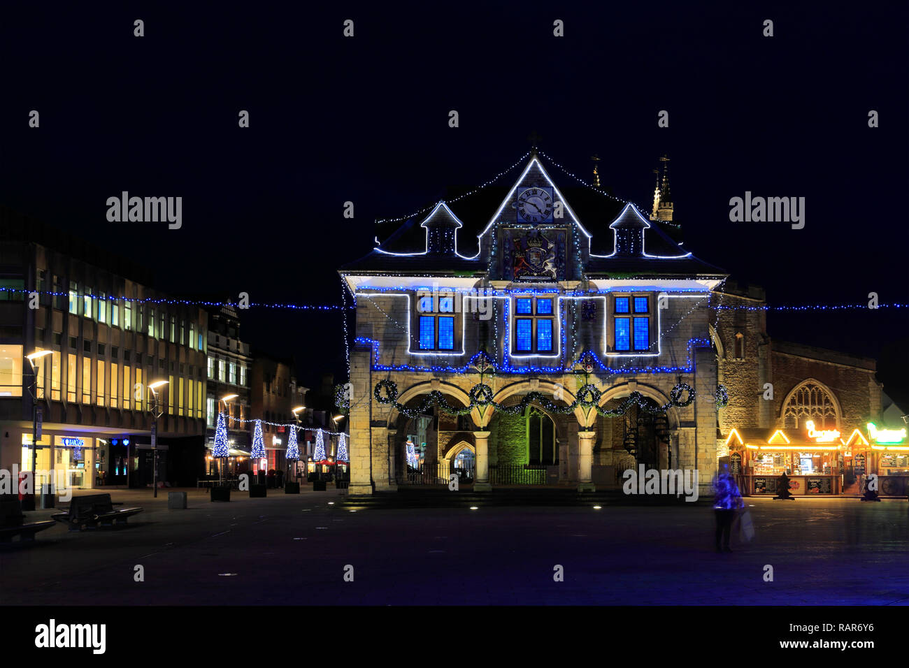 Christmas Lights in Cathedral Square, Peterborough City, Cambridgeshire, England, UK Stock Photo