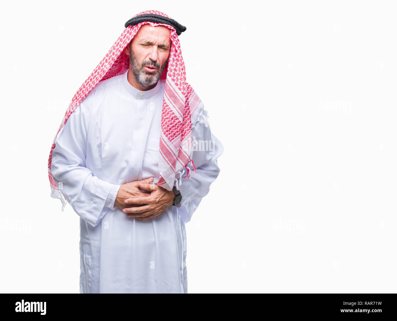 Senior arab man wearing keffiyeh over isolated background with hand on ...