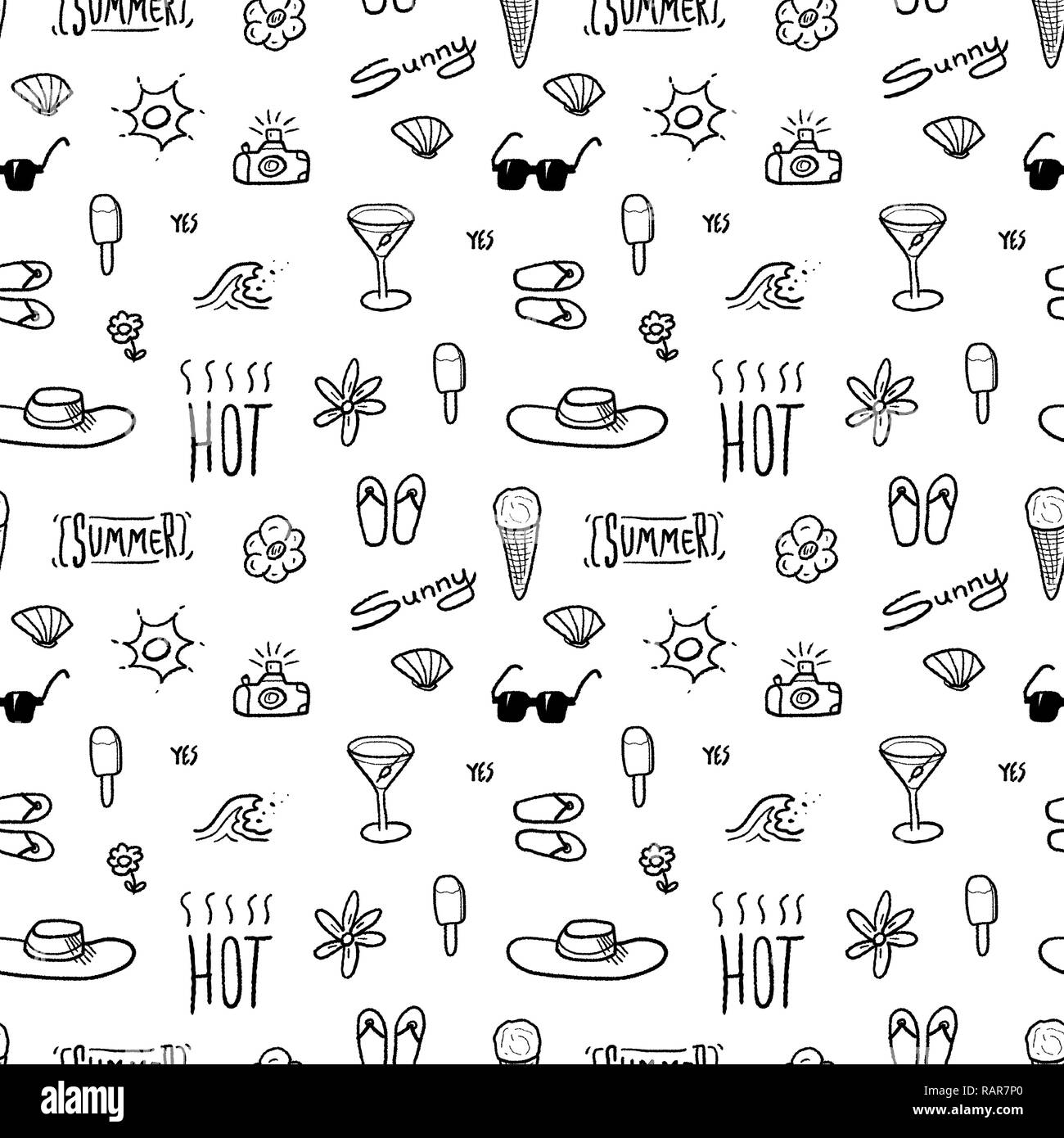 Summer doodle - seamless vector pattern with beach vacation subject ...