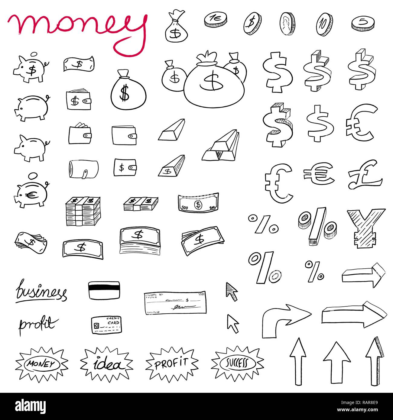 Money icons - doodle style illustration with money, currencies and ...