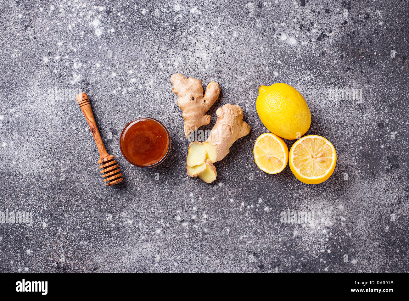 Lemon, ginger and honey. Natural cough and flu remedies. Stock Photo
