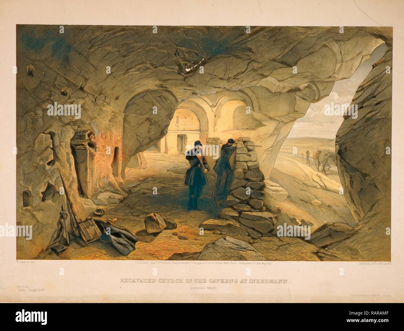 Excavated church in the caverns at Inkermann, looking west / W. Simpson, del., Day & Son, Lithrs. to the Queen., Day reimagined Stock Photo