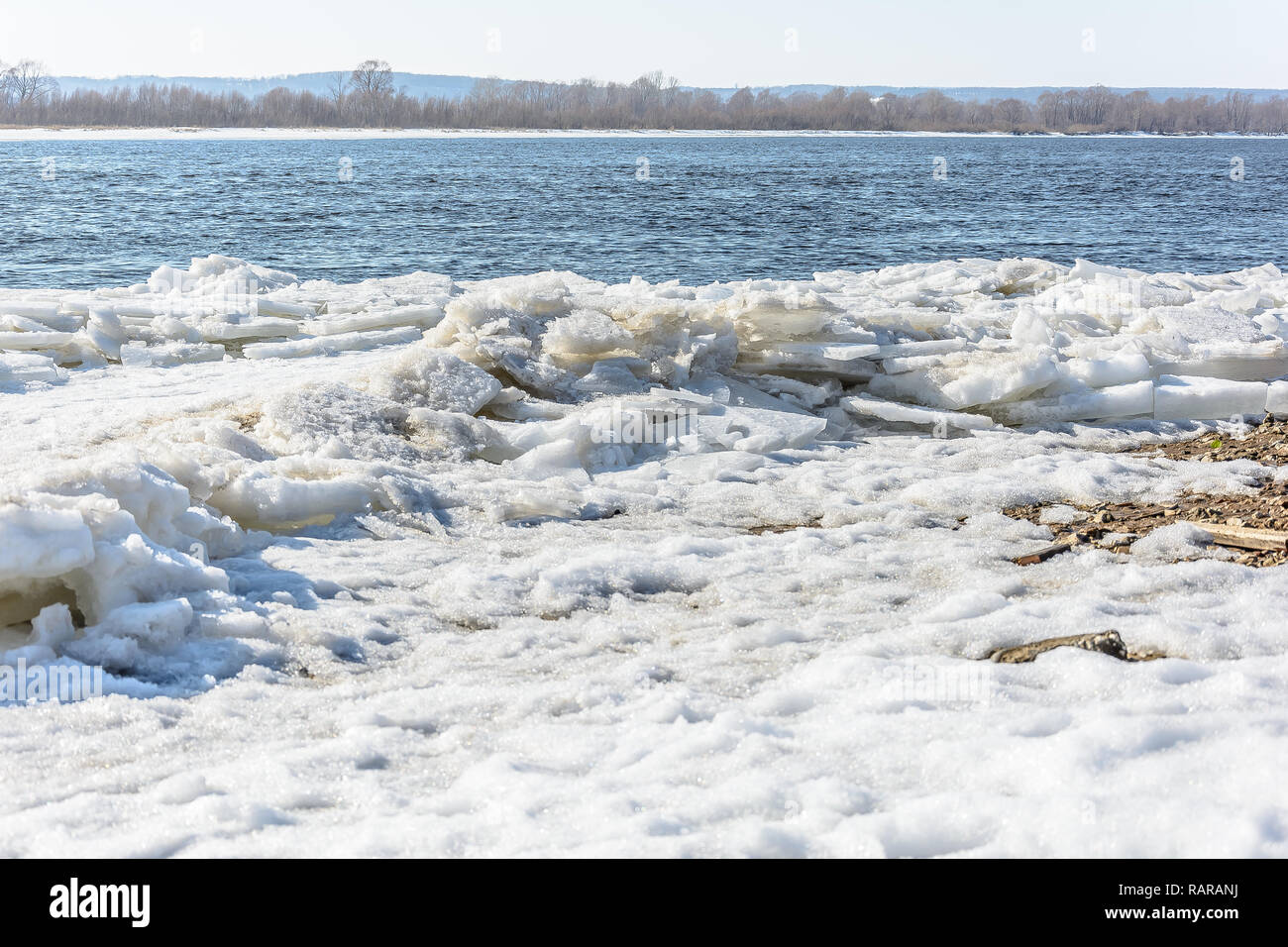 Huge chunks of ice on the river during the ice drift Stock Photo