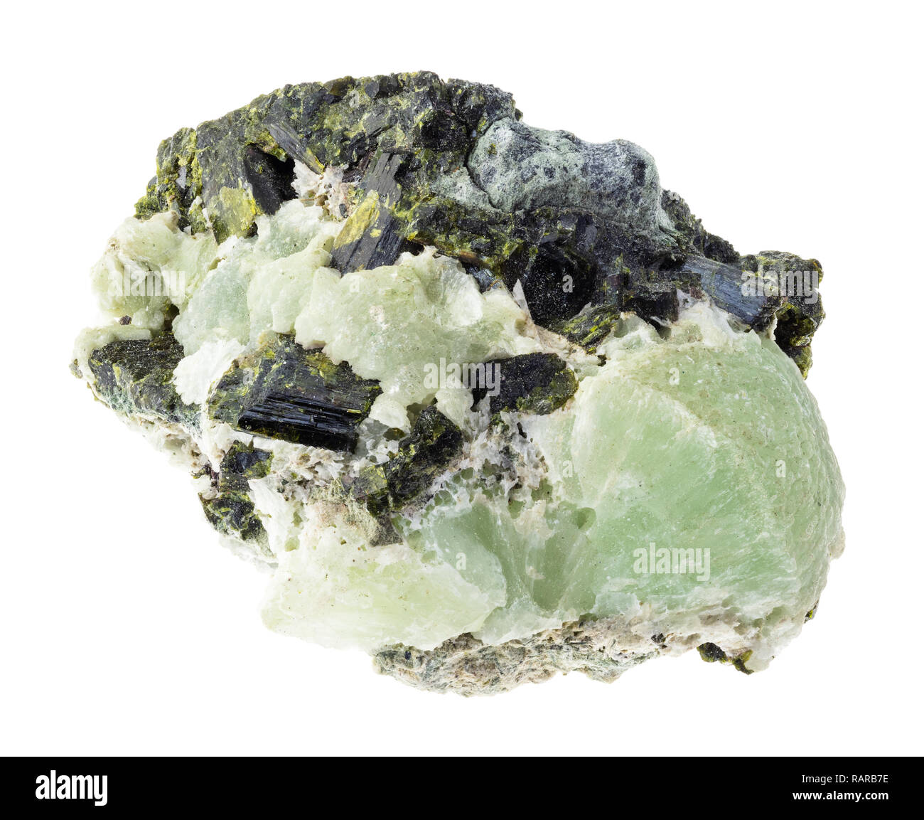 macro photography of natural mineral from geological collection - Prehnite rough stones in Epidote matrix on white background Stock Photo