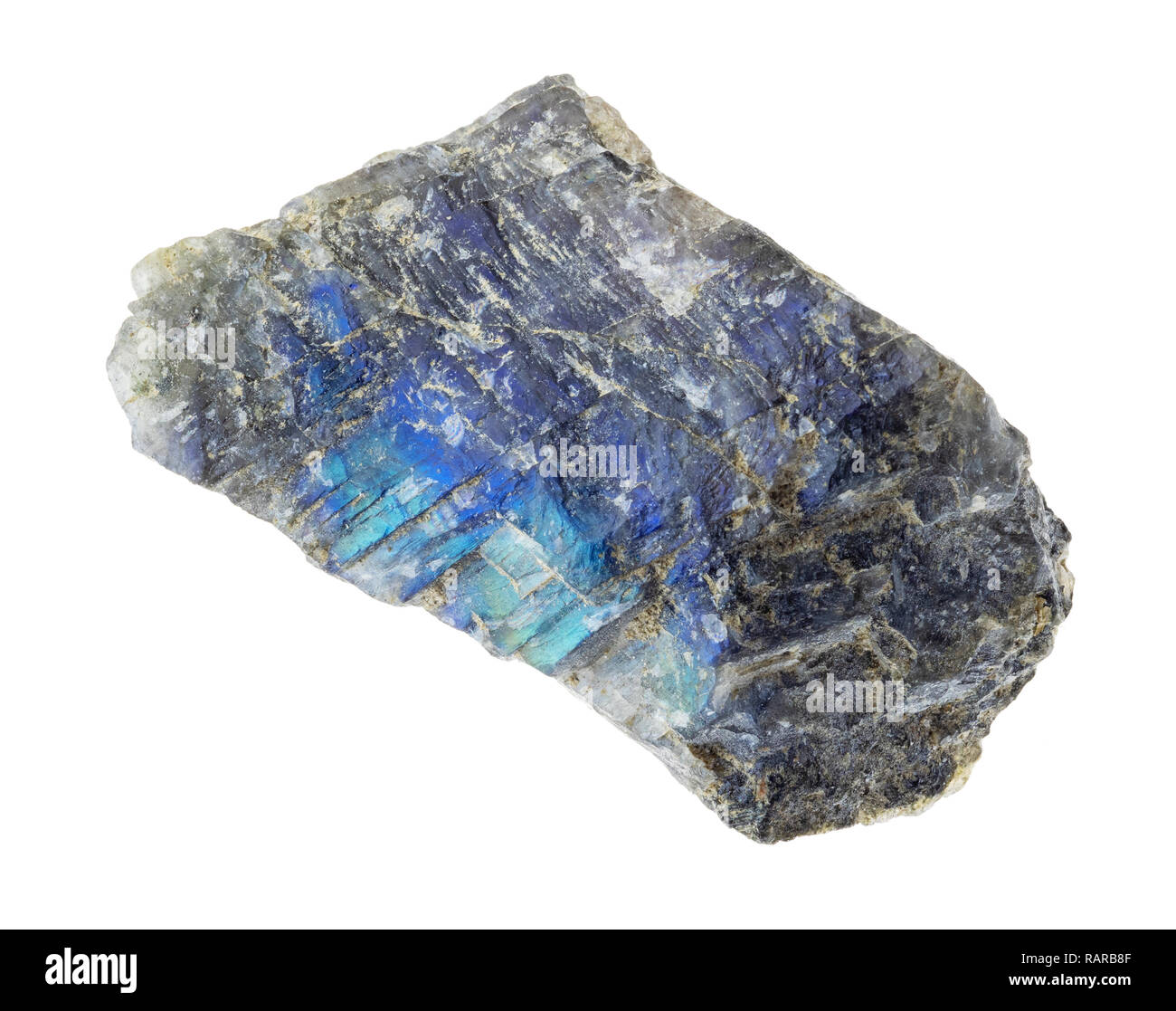 macro photography of natural mineral from geological collection - rough labradorite (labrador) stone on white background Stock Photo
