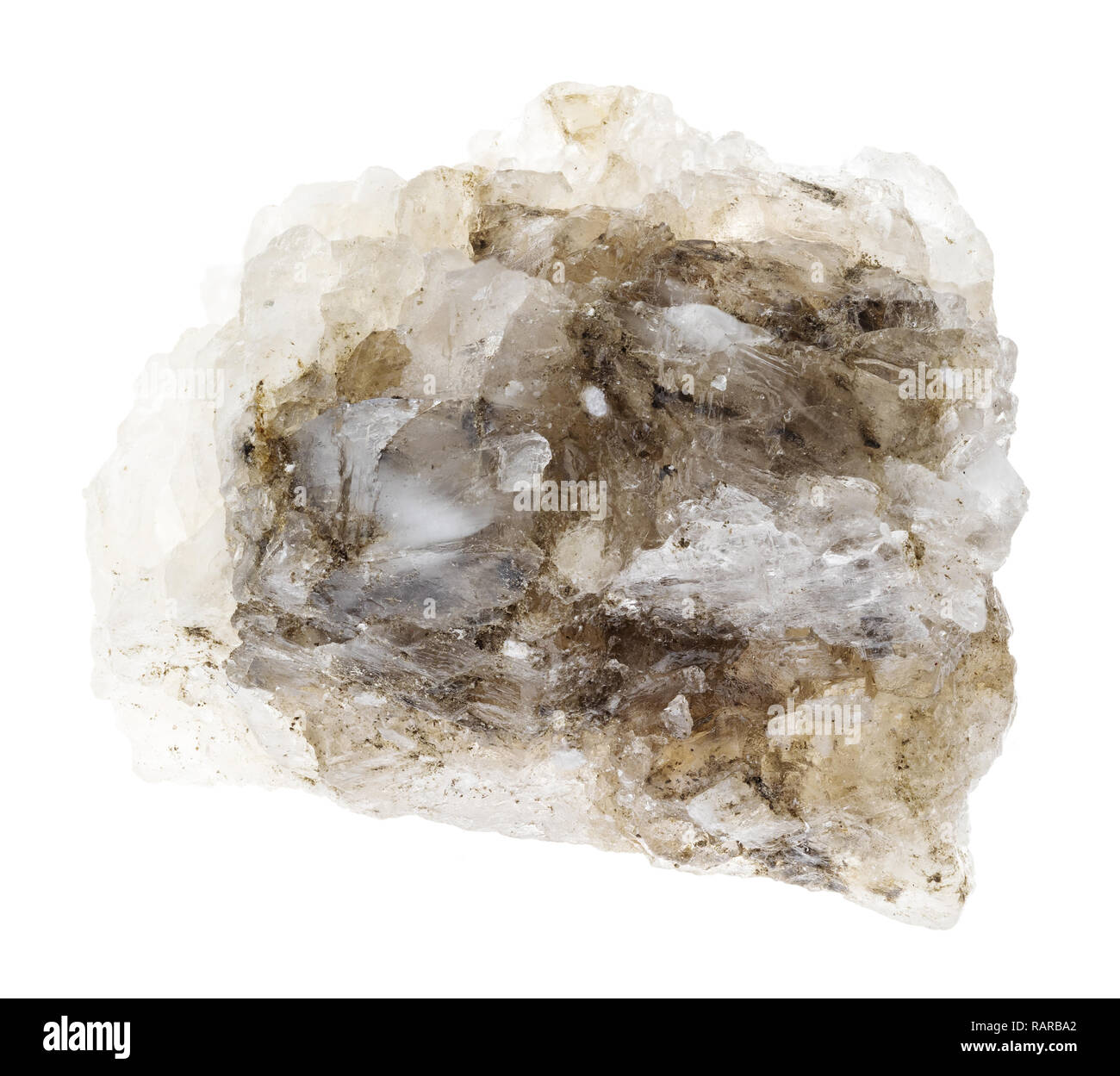 macro photography of natural mineral from geological collection - piece of rough Halite (rock salt) stone on white background Stock Photo