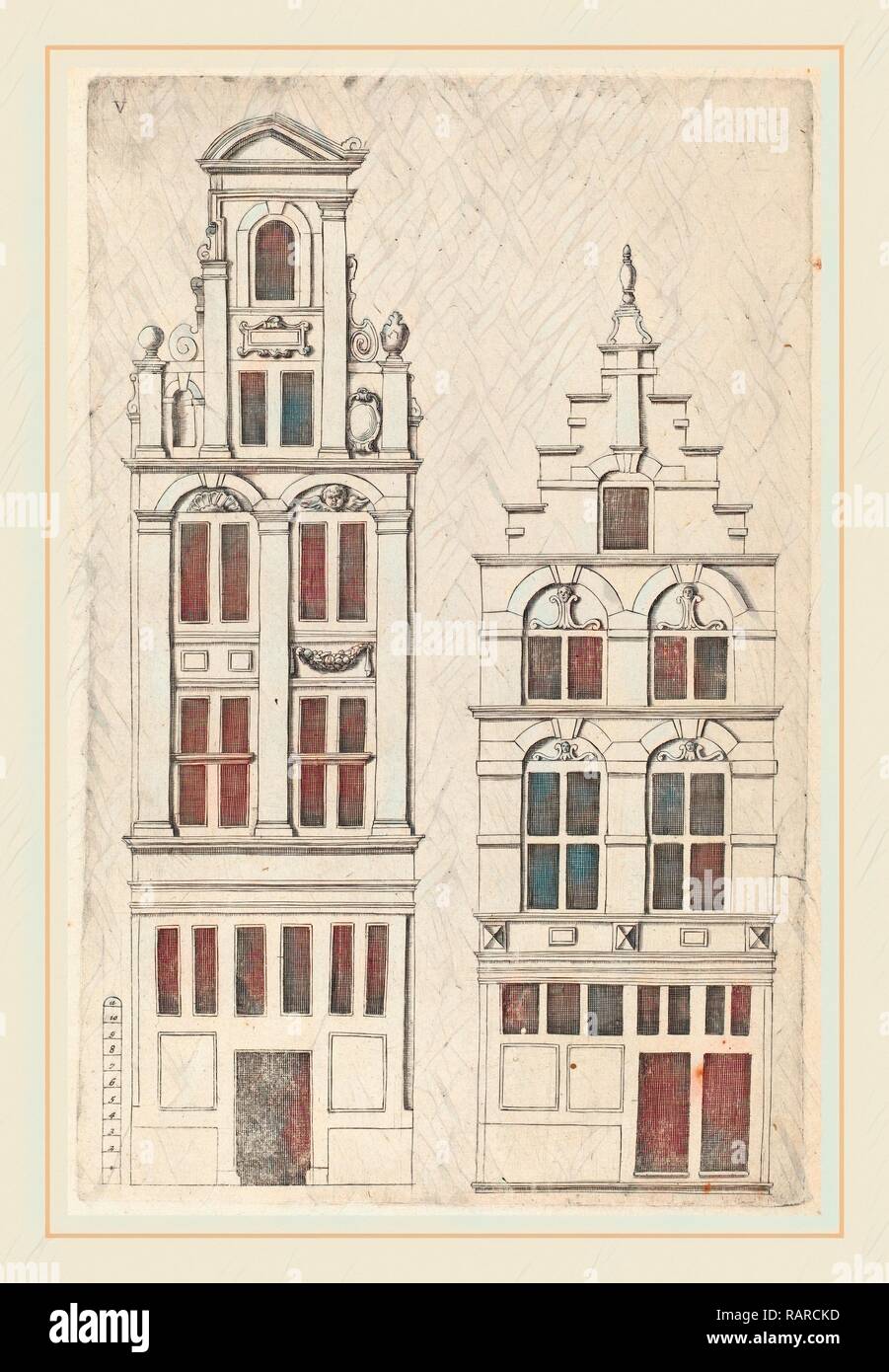 Vignola (author) and anonymous engraver after Philips Vingboons (Italian, 1507-1573), Dutch Facade Elevation: pl. 5 reimagined Stock Photo