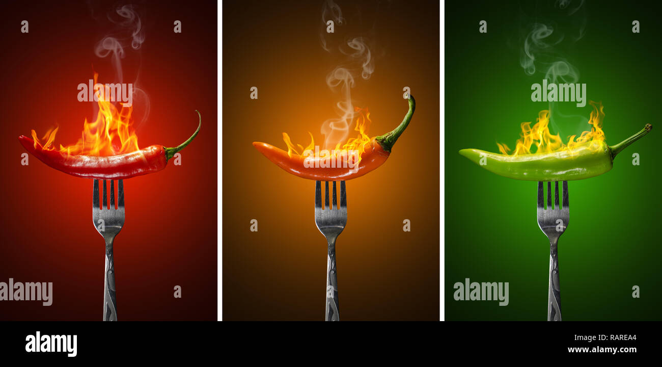Set of Red Yellow Green Hot Chili Pepper Isolated Stock Photo