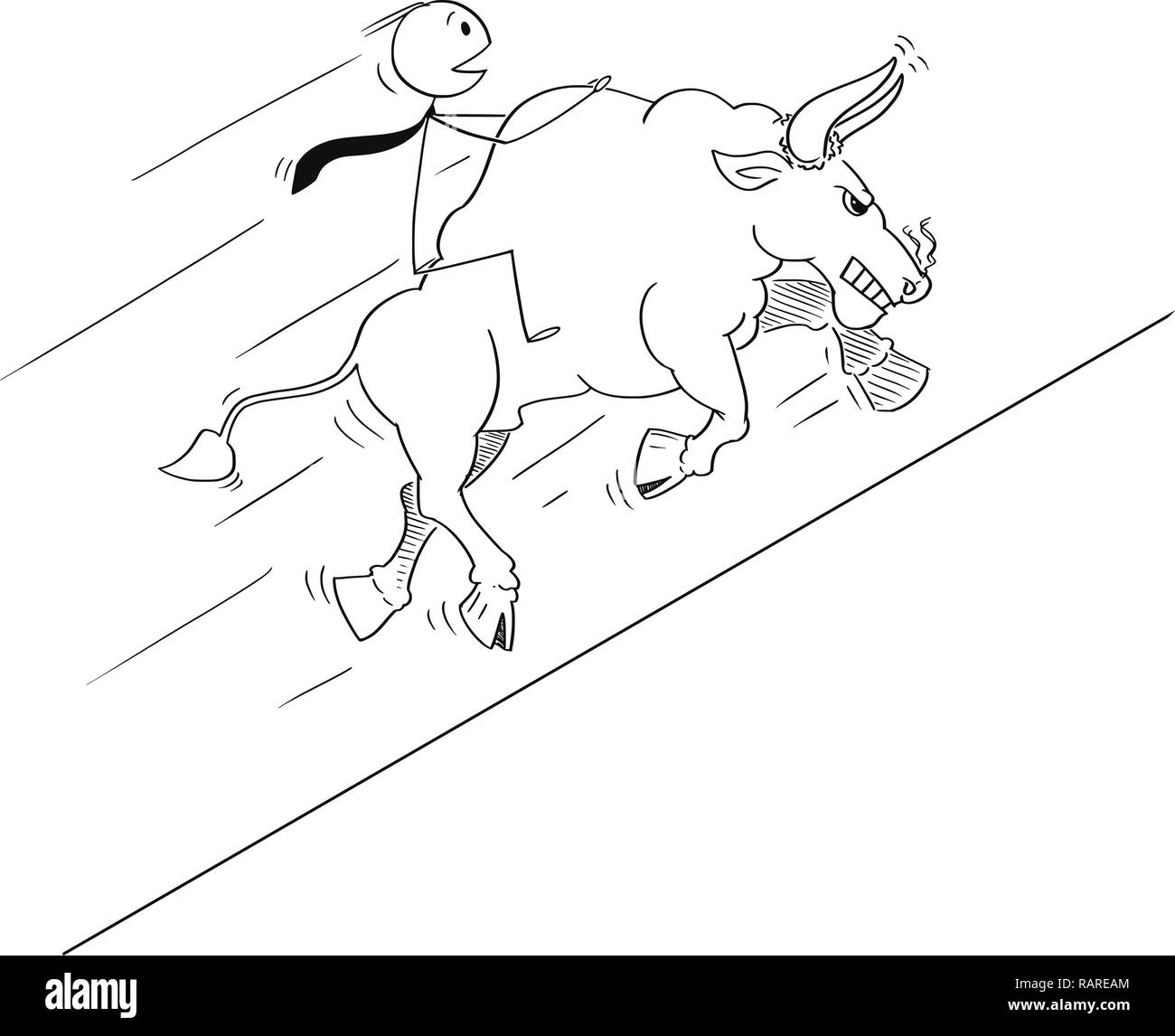 Cartoon Drawing of Businessman Riding on Bull as Rising Market Prices Symbol Stock Vector