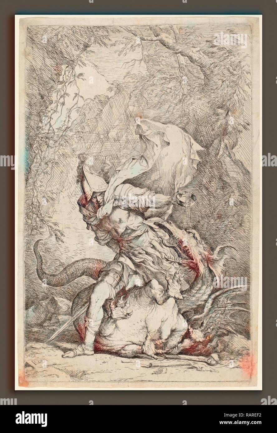 Salvator Rosa (Italian, 1615 - 1673), Jason and the Dragon, c. 1663-1664, etching and drypoint. Reimagined Stock Photo