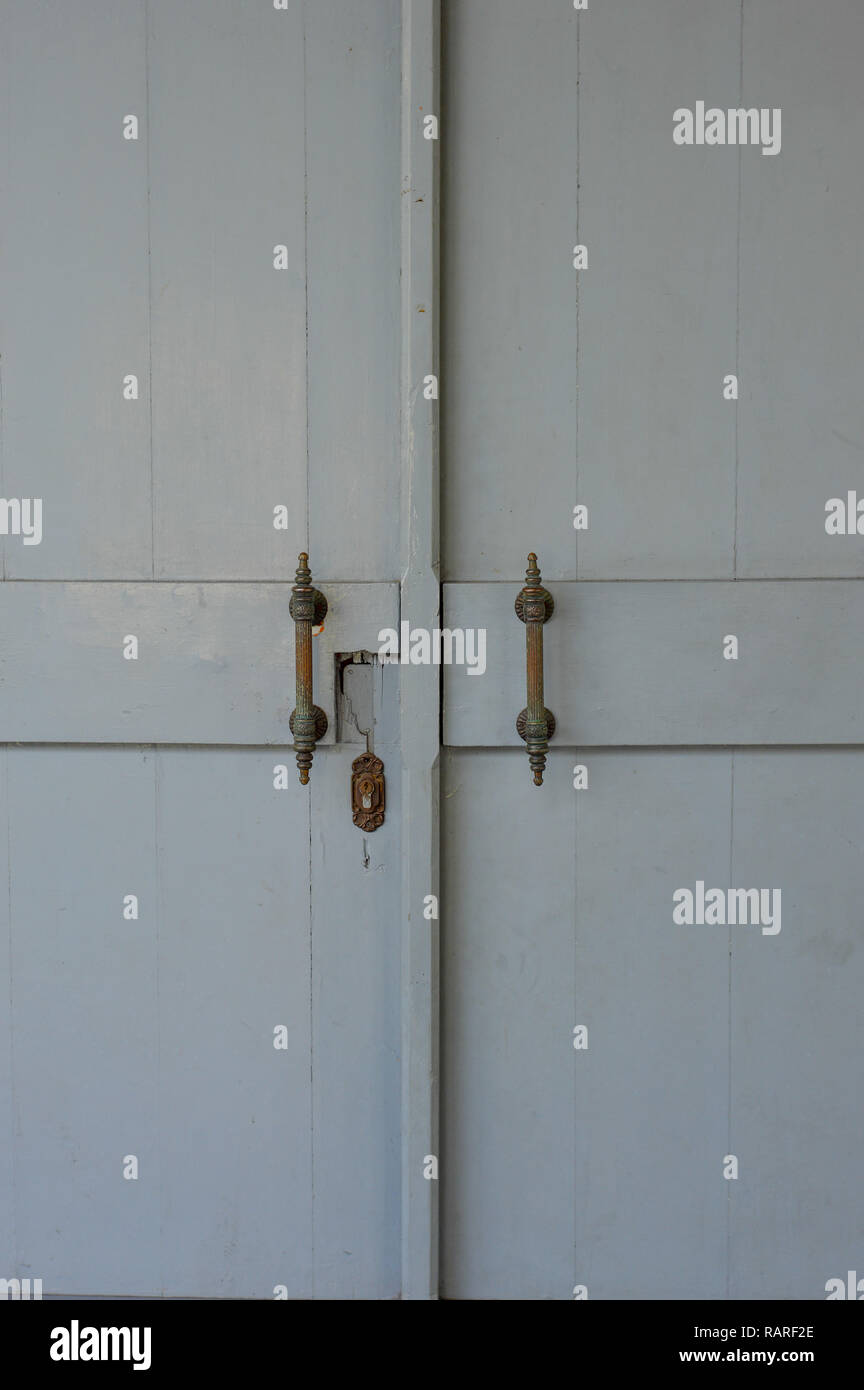 Ancient Door Handles On Wooden Doors Gray Stock Photo 230398070