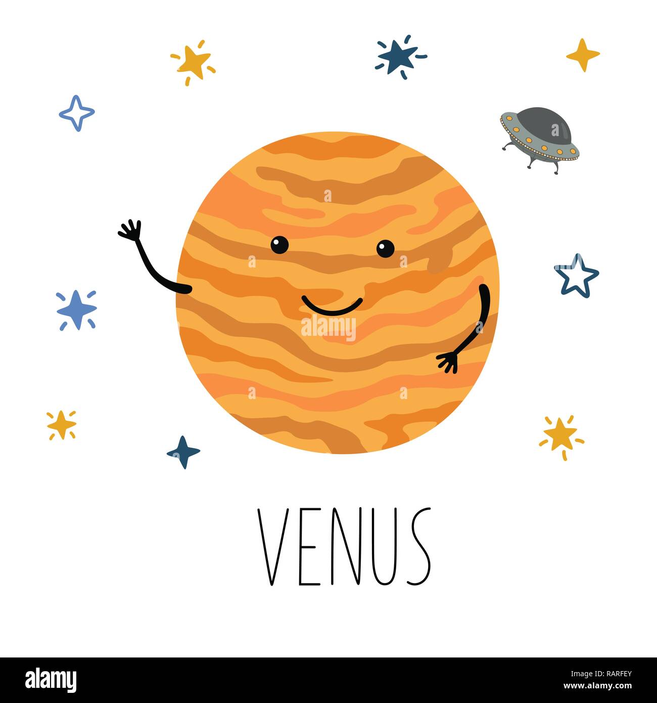 Vector cartoon funny illustration of planet smiling happy Venus in retro  flat cartoon style on space star sky. Poster for children room, education  Stock Vector Image & Art - Alamy