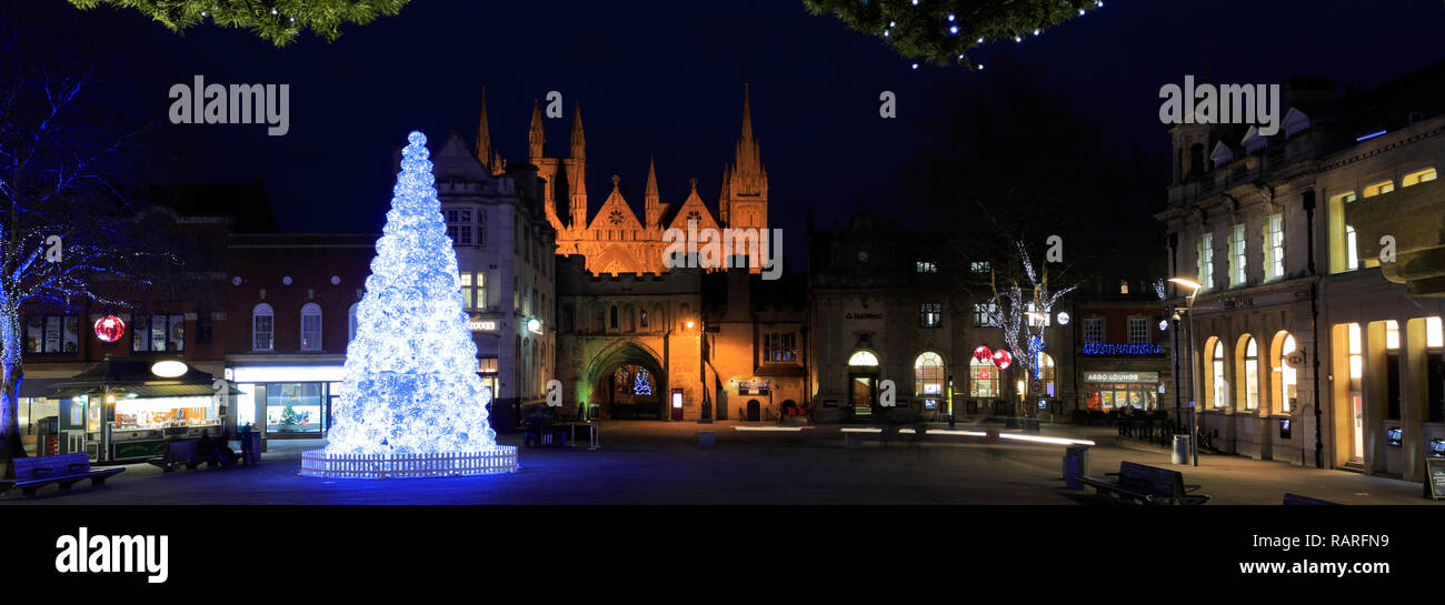 Christmas Lights in Cathedral Square, Peterborough City, Cambridgeshire, England, UK Stock Photo