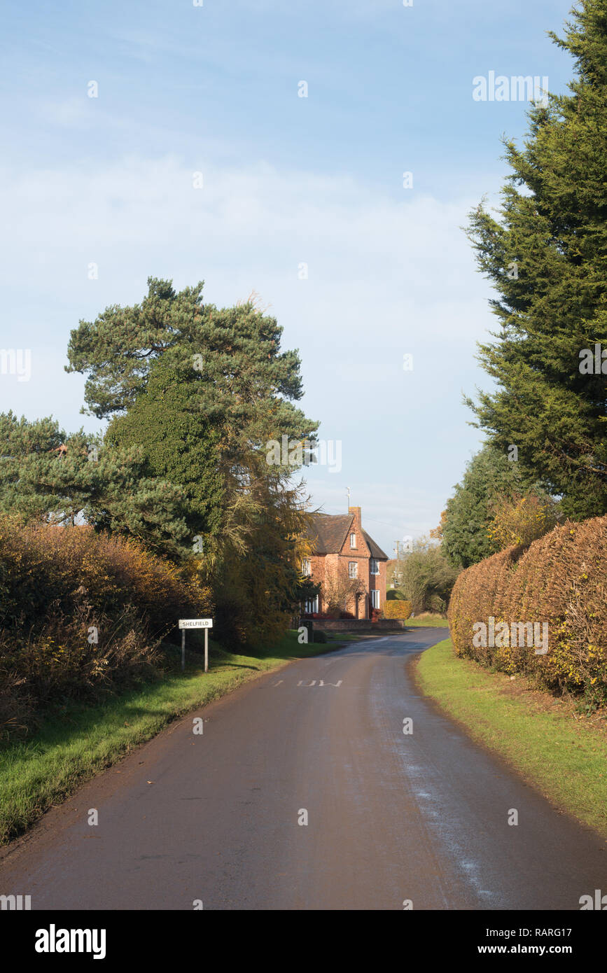The road and village sign on entering Shelfield, near Alcester