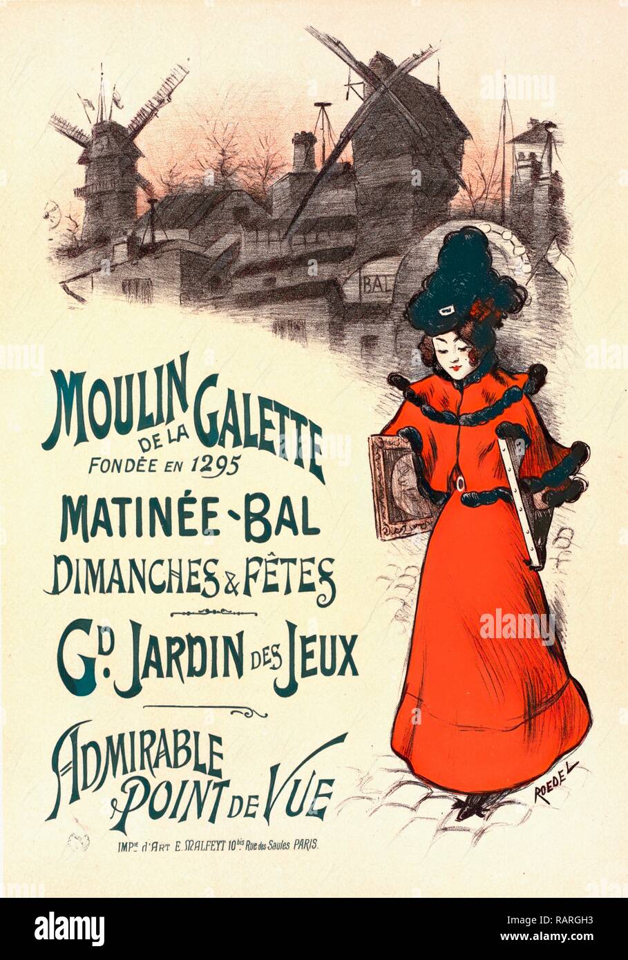 Poster for le Moulin de la Galette. Auguste Roedel, 1859 -1900, illustrator, poster artist, caricaturist reimagined Stock Photo
