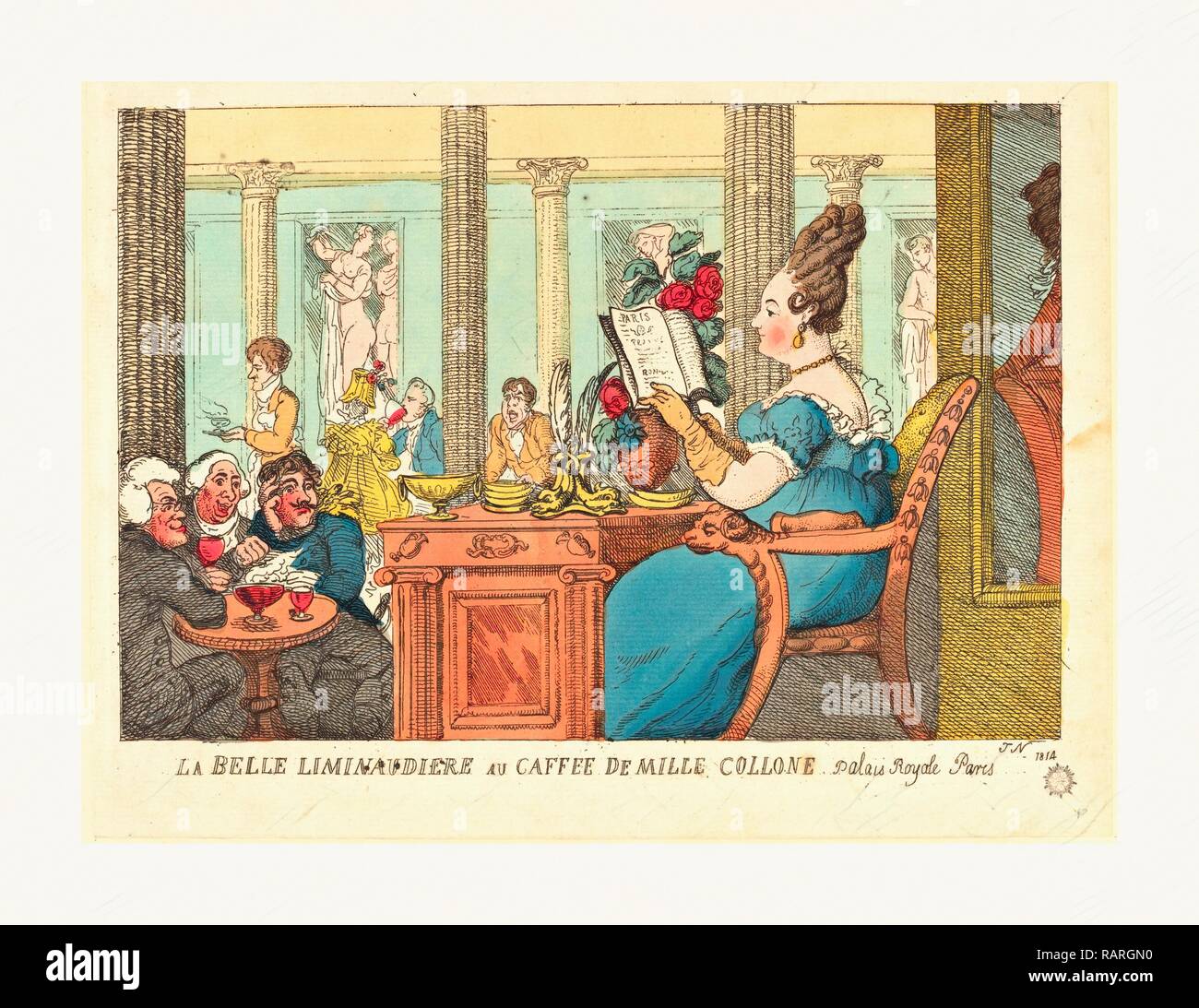 Thomas Rowlandson (British, 1756 - 1827 ), La Belle Limonaudiere au Cafe des Mille Colonnes, Palais Royal, Paris reimagined Stock Photo
