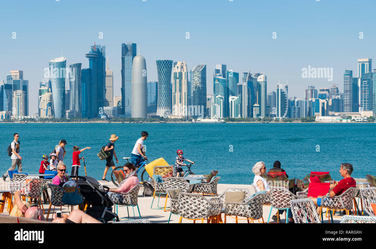 MIA Park cafe  and skyline of Doha in Qatar Stock Photo