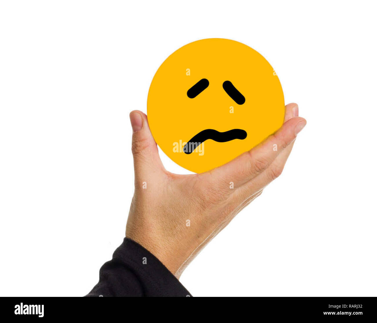 Hand holding a yellow circle with face expression exhausted illustration. Stock Photo