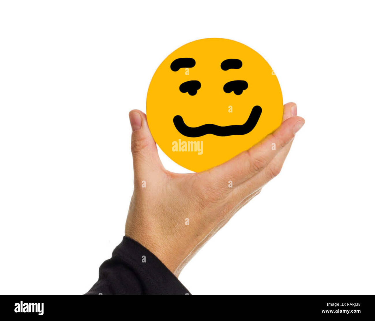 Hand holding a yellow circle with face expression happy_illustration 3. Stock Photo