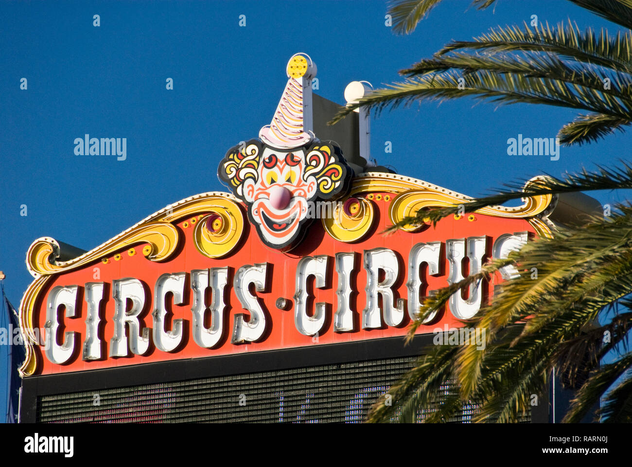 The Lucky the Clown neon sign at the Circus Circus Las Vegas, a hotel, casino and RV park on the Las Vegas Strip, Las Vegas, Nevada. Stock Photo