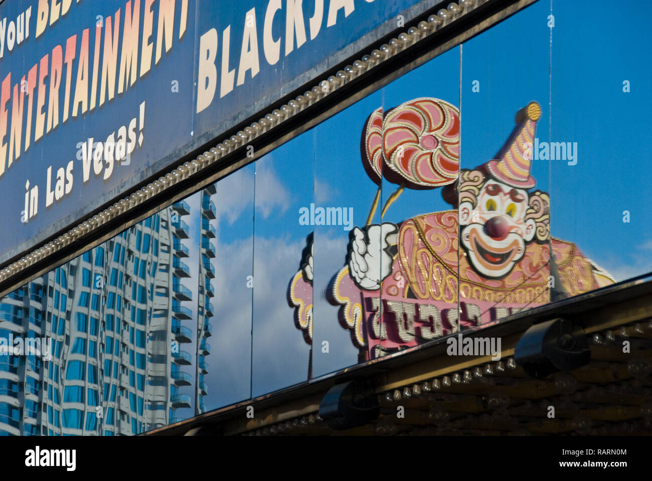The Lucky the Clown neon sign at the Circus Circus Las Vegas, a hotel, casino and RV park on the Las Vegas Strip, Las Vegas, Nevada. Stock Photo