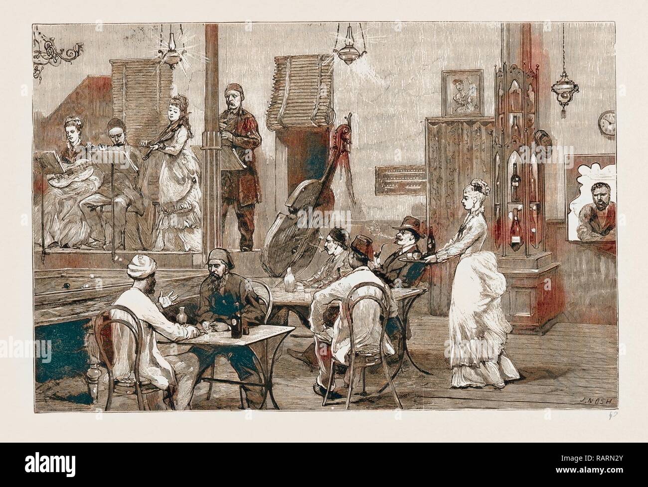 A 'CAFE CHANTANT' AT ISMAILIA, PAKISTAN, 1876. Reimagined by Gibon. Classic art with a modern twist reimagined Stock Photo