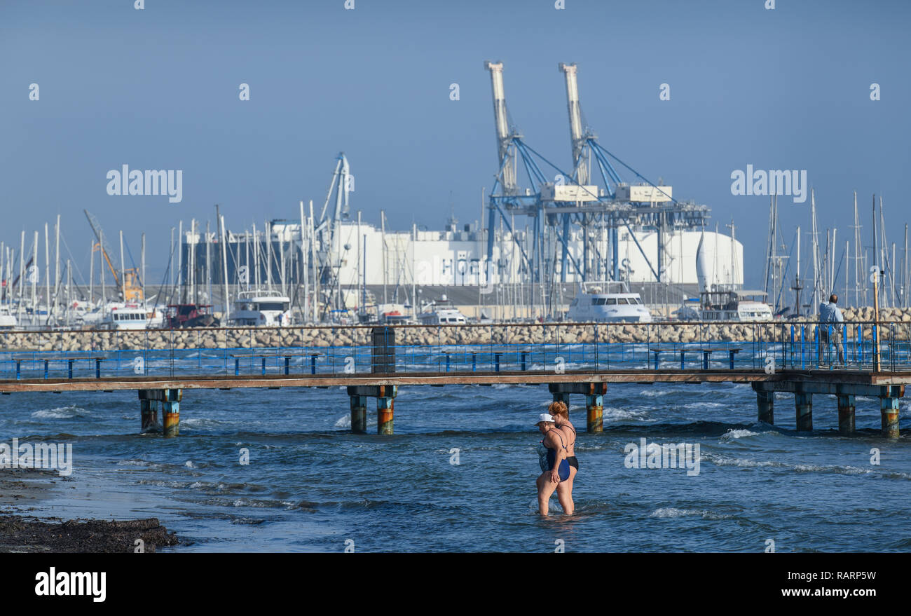 Baden, beach, industrial harbour, Larnaka, republic Cyprus, Strand, Industriehafen, Republik Zypern Stock Photo