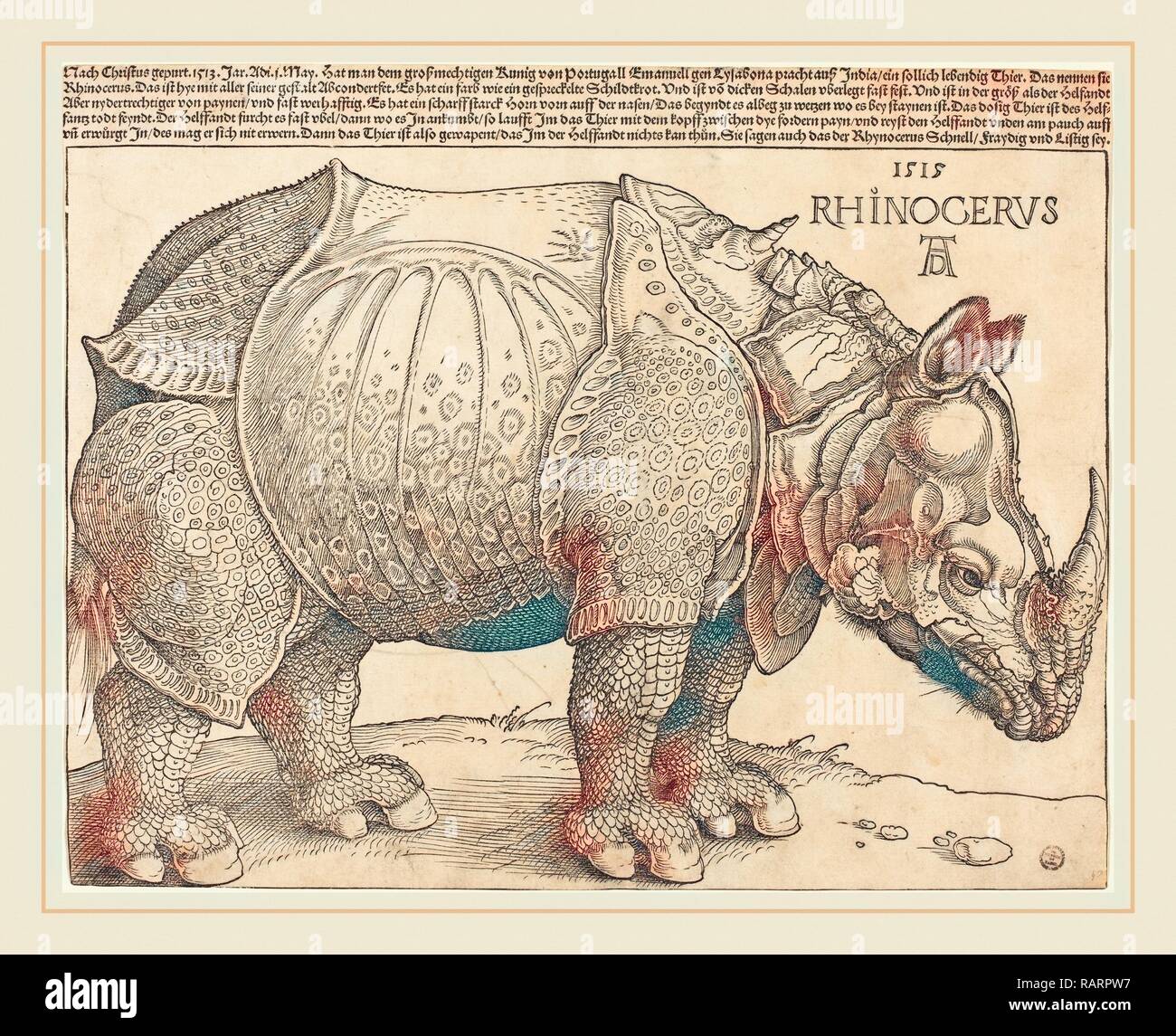 Albrecht Dürer (German, 1471-1528), The Rhinoceros, 1515, woodcut. Reimagined by Gibon. Classic art with a modern reimagined Stock Photo