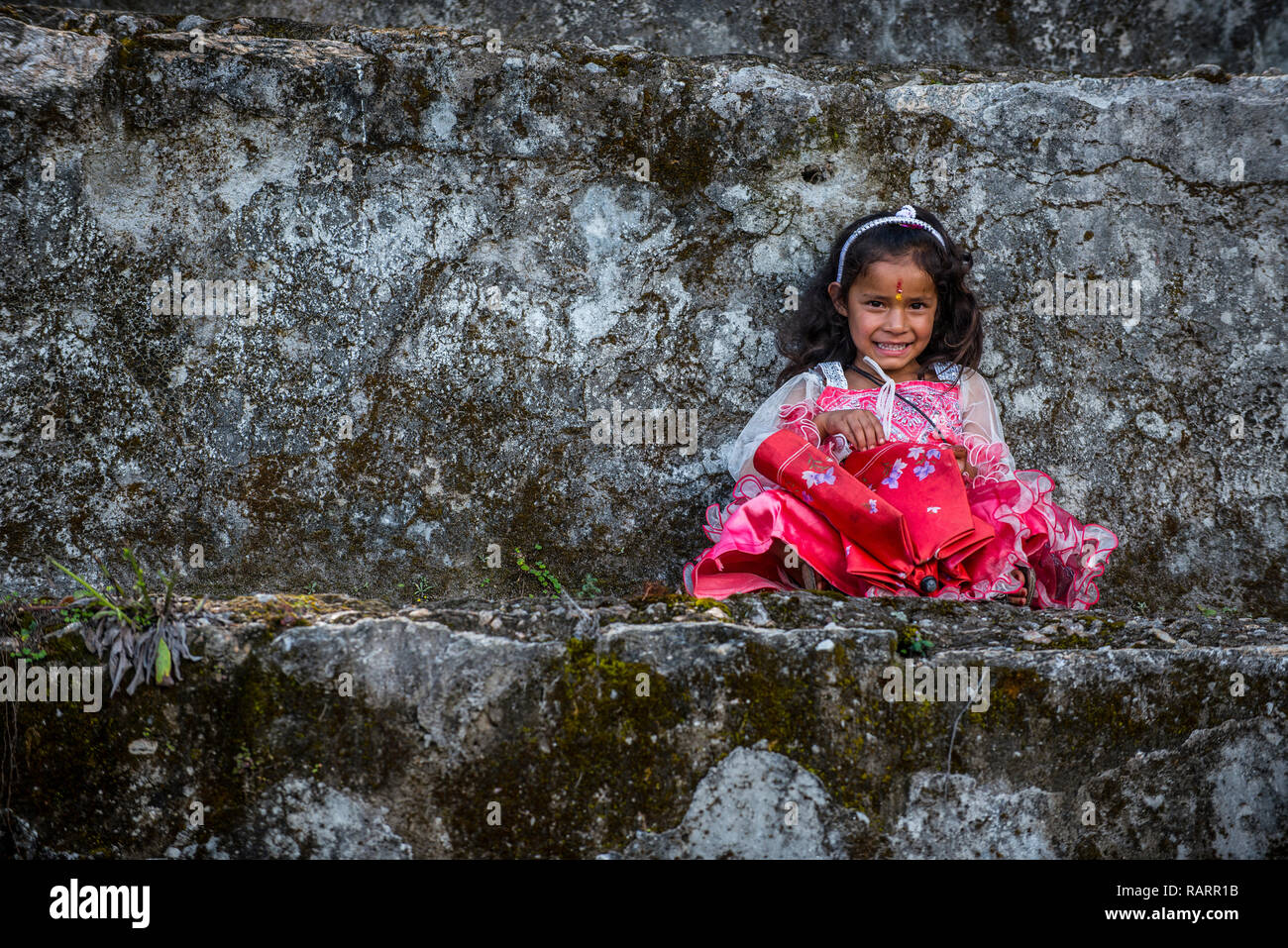 A young indian girl at a Shauka Hindu festival in the town of Munsyari in the Indian Himalayas in September. Stock Photo