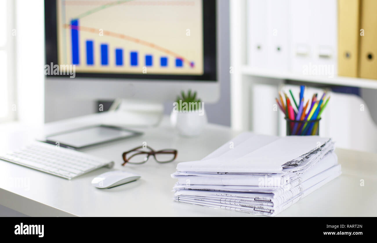 Workspace presentation mockup, Desktop computer and office supplies on