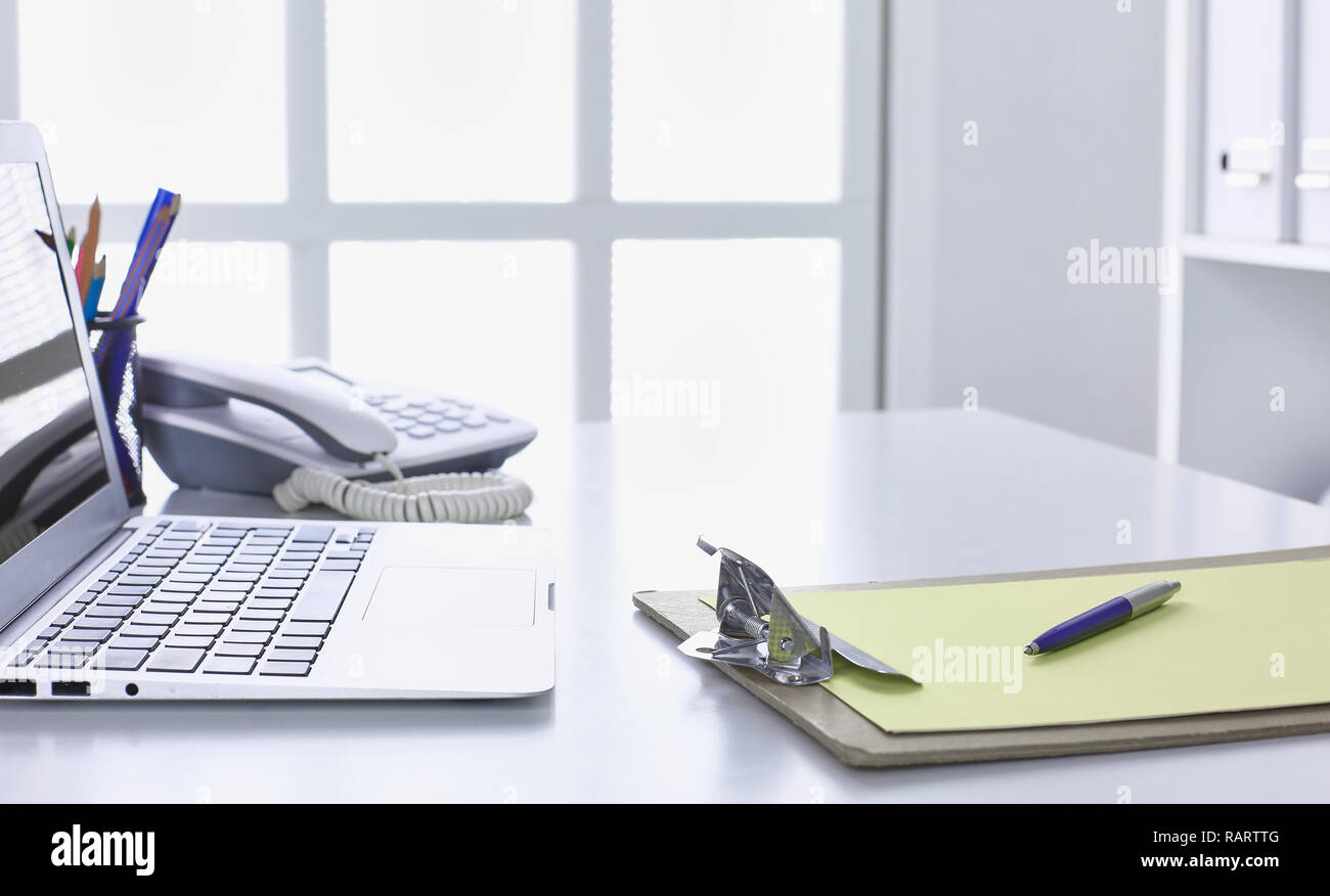 Workspace presentation mockup, Desktop computer and office supplies on